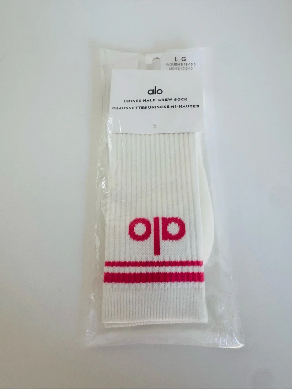 ALO Yoga Unisex White Half-Crew Athletic Socks with Pink Logo